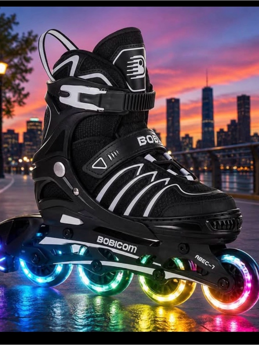 Bobicom Black Rollerblade Inline Skates Iluminating Wheels Unisex Adjustable